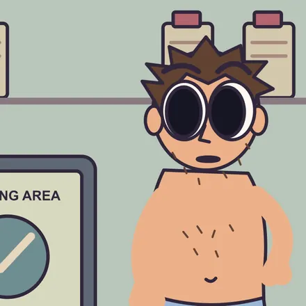 Bill, a shirtless man with spiky brown hair and huge round black eyes, at the self-checkout.