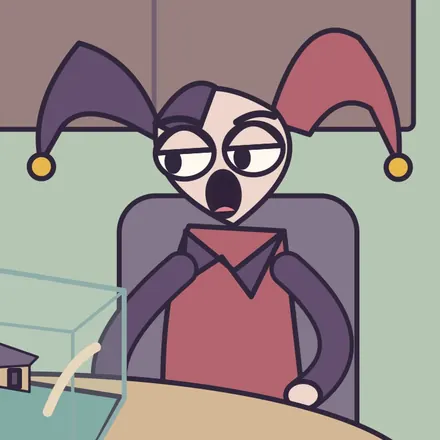 Jester, a pale frowning figure in a purple-and-red jester hat with bells, sitting at the kitchen table.