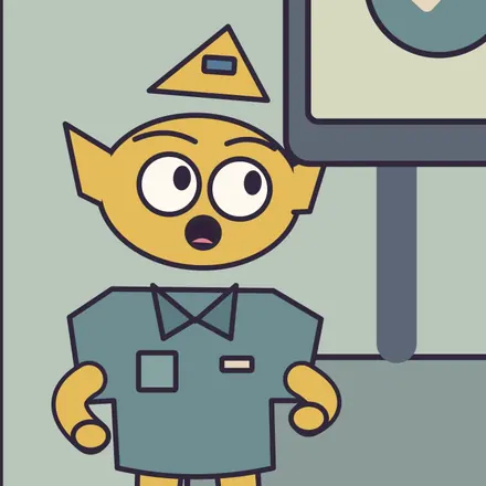 Machine Elf, a short yellow being with pointed ears, a triangle hat and teal scrubs, holding a carton of eggs.