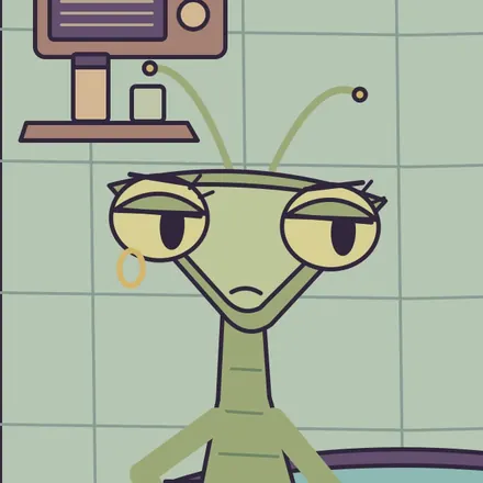 Mantis, a green praying-mantis woman with half-lidded yellow eyes and a gold hoop earring, giving an unimpressed look in her bathroom.