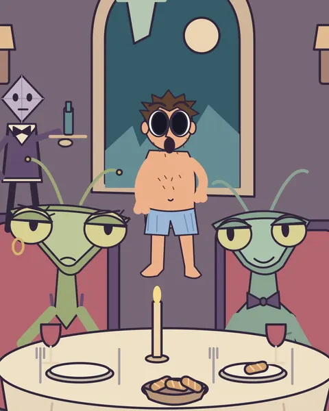 Bill hovers over a candlelit restaurant table between Mantis and her date.