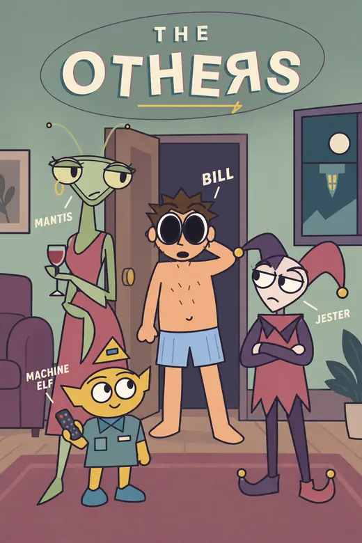 Poster for THE OTHERS. In a sage-green living room, Mantis holds a glass of red wine, Bill stands shirtless in light-blue boxers scratching his head, Jester scowls with crossed arms, and little Machine Elf holds a TV remote.