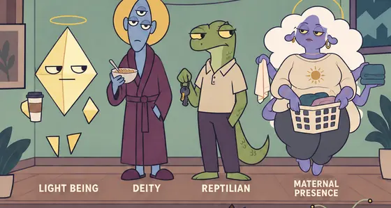 Four more characters from the poster: Light Being, a floating yellow diamond with a halo and a coffee cup; Deity, a blue three-eyed figure in a bathrobe holding cereal; Reptilian, a lizard man in a polo shirt holding keys; and Maternal Presence, a many-armed purple figure with cloud-white hair carrying laundry.